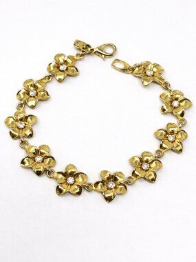 SP Gold Tone Floral Link Bracelet Rhinestone Flower Bracelet Dainty Cottagecore
